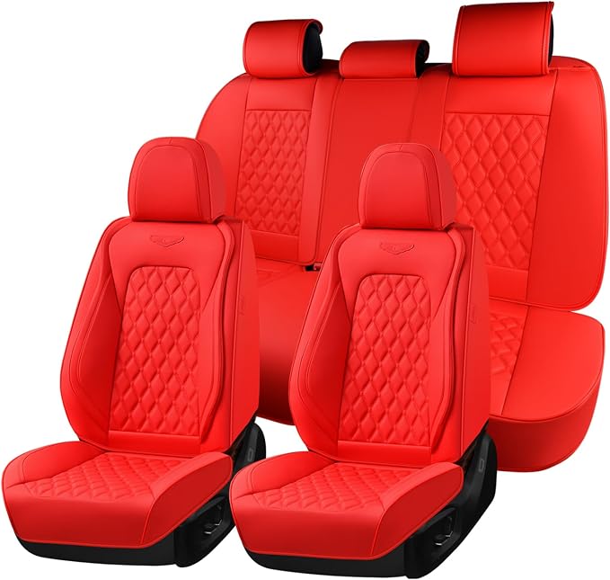Coverado Full Set Car Seat Covers, 5-Seat Universal Faux Leather Waterproof Seat Covers, Front & Back Car Seat Protectors, Red Leather Seat Covers Fit for Most Vehicles-Red by COVERADOAUTO