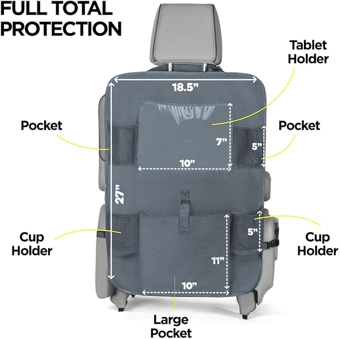 lebogner X-Large Grey Back Seat Protector For Kids + 5 Pocket Storage Organizer, 2 Pack - Image 3