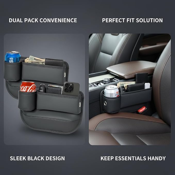 2-Pack Car Seat Gap Filler Organizer with Cup Holder - Premium Leather - Universal Fit - Keeps Phone/Wallets/Keys/Cans Organized (Driver & Passenger Side) - Image 3