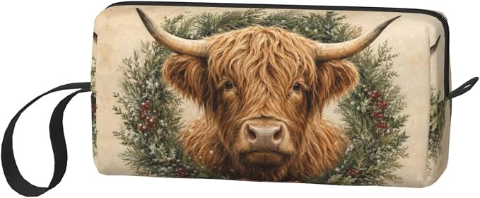 Highland Cow Evergreen Wreath Makeup Bag for Women, Cosmetic Pouch | Double-Sided Highland Cow Wreath Cosmetic Organizer with Foam Padding for Women, Travel, Gym, School, and Daily Storage - Image 2