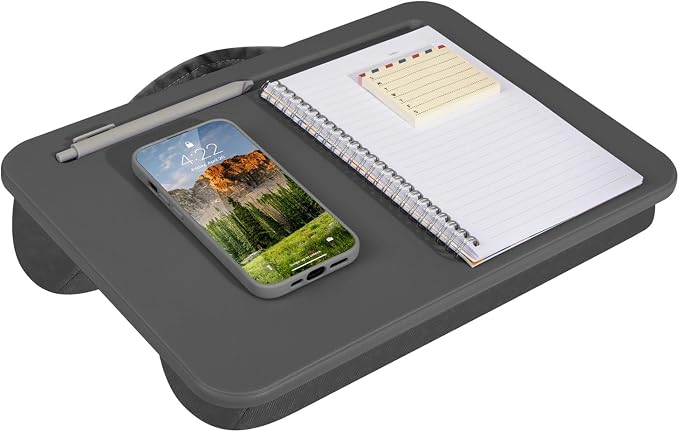 LAPGEAR Compact Lap Desk – Charcoal, Fits 14" Laptops | Microbead Cushion, Built-In Pencil Slot, Carry Handle, Fits Standard Letter-Size Paper (8.5" × 11") by LapGear