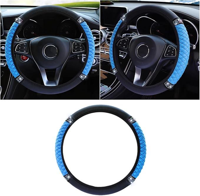 JOYCOURT 15 Inch Bling Soft Leather Car Steering Wheel Cover, Blue | Colorful Rhinestones Design, Auto Elastic Protector for Women Girls, Crystal Diamond Car Accessories for Most Cars, SUVs by JOYCOURT