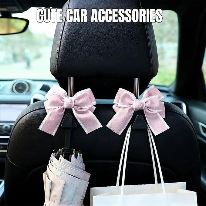 2PCS Car Seat Headrest Hooks, Car Purse Hook, Cute Bow Knot Vehicle Seatback Hanging Storage Organizer, Auto Seatback Decor Organizer Hanger for SUV Truck (Pink) - Image 3