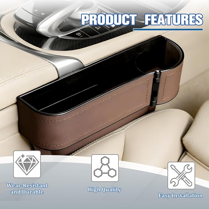 Car Seat Gap Filler Organizer with Cup Holder Expander, Leather Console Seam Filler Storage Box, Auto Front Seat Gap Organizer for Phones Keys Glasses, Universal Fit (Brown Passenger) - Image 4