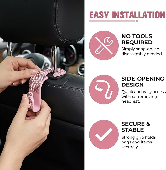 4PCS Bling Car Seat Headrest Hook, Crystal Rhinestone Backseat Hanger Organizer for Purse Handbag Umbrella, Shiny Auto Interior Seat Back Storage Holder Hook, Universal Fit (Pink2) - Image 3