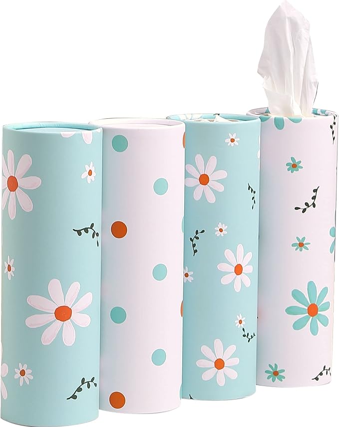 Car Tissue Holder with Facial Tissues Bulk - 4 PK Car Tissues Cylinder, Tissue Holder for Car, Travel Tissues for Car Cup Holder, Refill Car Tissue Box Round Container by WinooDesign