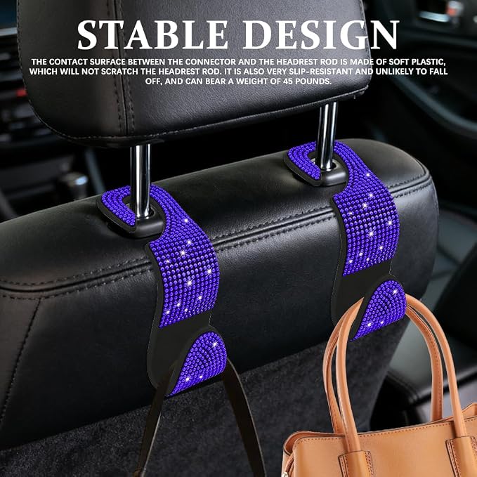 2PCS Bling Car Seat Headrest Hooks, Sparkling Rhinestone Car Seat Hook | Auto Rear Seat Hidden Hook Hanger, Universal Car Storage Accessories for Purse Coats Umbrellas Grocery Bags - Image 3