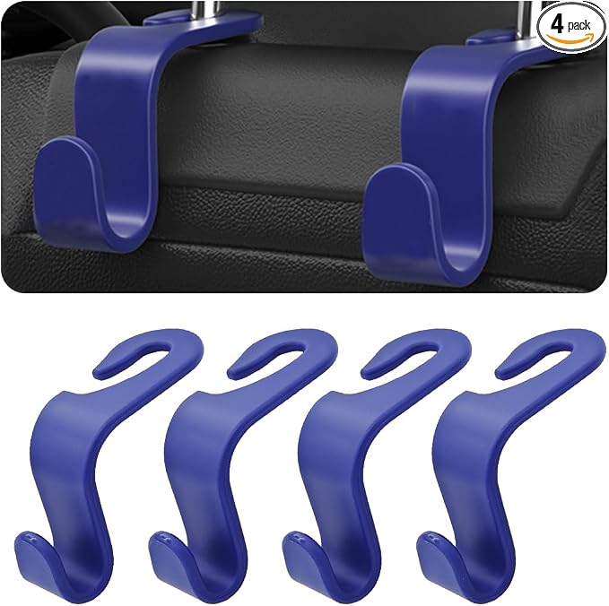 4 Pack Car Seat Headrest Hooks for Vehicle Seats, Blue | rear-row hanging storage, supports bags coats and groceries, fits matching headrest posts, interior accessory by Hanemia