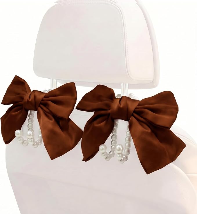 2PCS Satin Bow Pearl Car Seat Headrest Hooks – Car Bag Holder & Vehicle Hanger for Purses – Cute Coquette Aesthetic Interior Decoration – Cute Auto Organizer Accessories Universal (Woody Brown) - Image 7