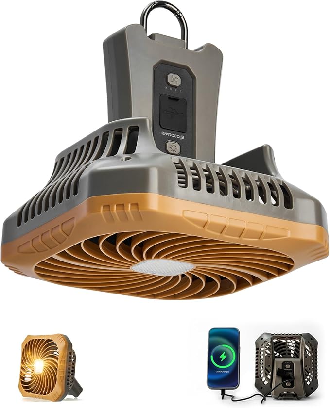 Odoland Portable Camping Fan with LED Lantern, 40H Rechargeable Battery Fan | Quiet Tent Fan with Hanging Hook for RV Car Beach Outdoor Hurricane Emergency Outages, 4-Speed Wind & 3-Color Light, Brown by Odoland