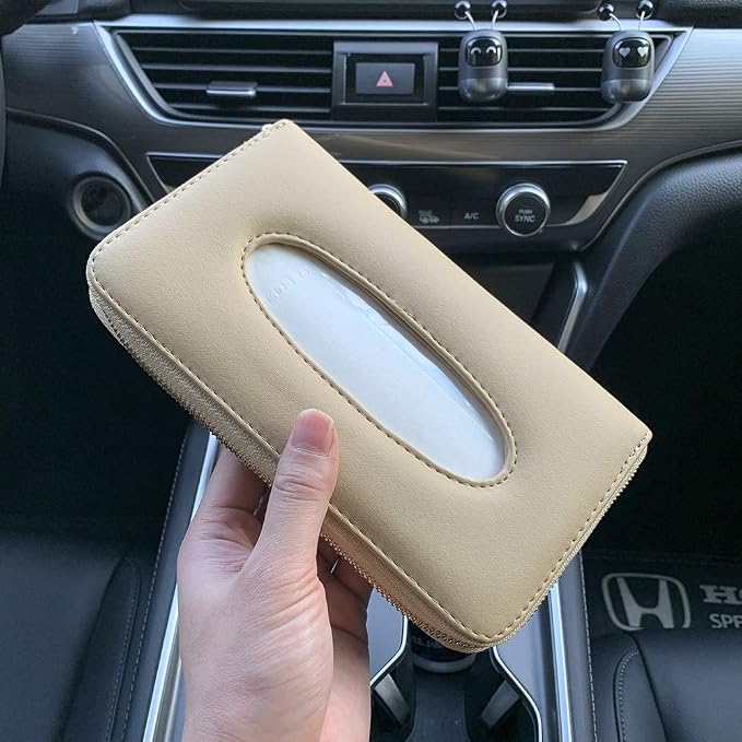 Car Tissue Holder, Sun Visor Tissue Holder, Car Visor Napkin Holder, PU Leather Backseat Tissue Case Holder for Auto Vehicle with Zipper (Beige) - Image 6