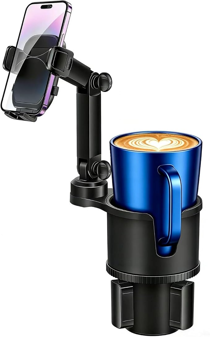 2-in-1 Cup Phone Holder for Car, 360° Adjustable Car Phone Mount | Anti-Slip Phone Cup Holder Long Arm, Fits 2.5–4" Cup Slots, Stable Holds Phones & Large Bottles, Compatible iPhone 17/16 Pro by Easkkty