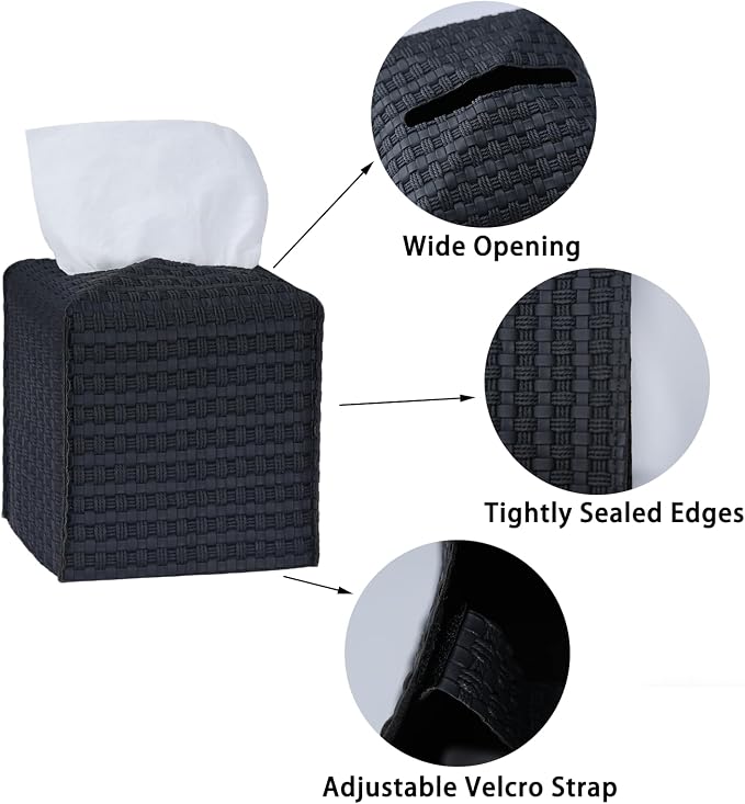 Tissue Box Cover 2-Pack, Square Tissue Holder with Bottom Belt, Modern Tissue Case Facial Paper Organizer Dispenser for Bathroom, Office, Home, Table, Car, Woven Pattern Black - Image 2