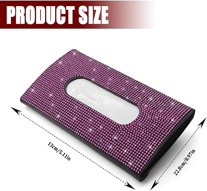 Bling Car Sun Visor Tissue Box Holder, Car Visor Tissue Holder, PU Leather with Bling Crystal Rhinestones Tissue Holder, Backseat Paper Towel Cover Case Auto Accessories for Women (Pink) - Image 2
