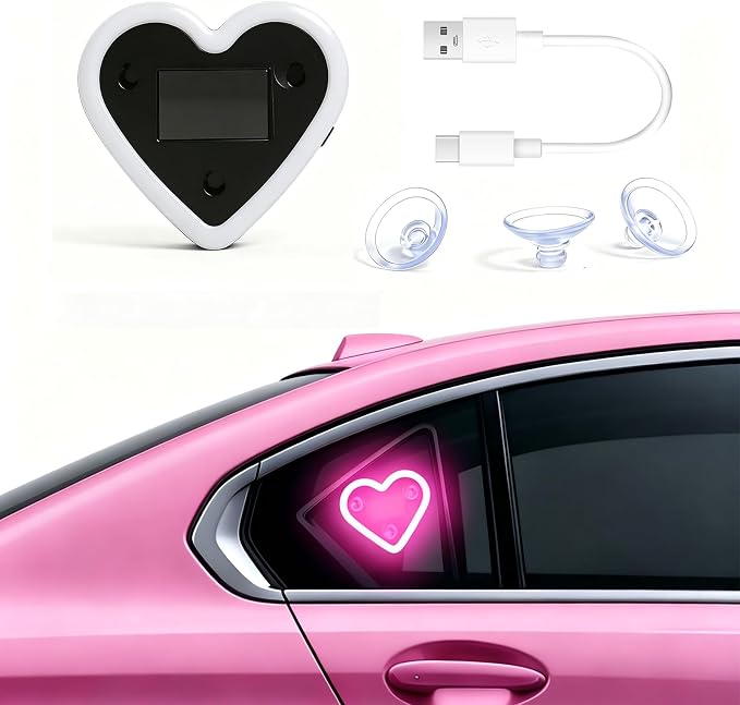 Rechargeable Solar-Powered Wireless Heart LED Light for Car Interior Decor | with 6 Lighting Modes and Vibration Sensor, Romantic Ambient Gift for Couples/Women/Men, Pink, 1 Pcs by Unknown