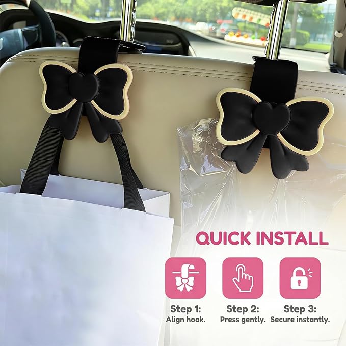 2PCS Car Seat Headrest Hook, Cute Bow Vehicle Backseat Storage Hanger Purse Handbag Organizer, Automotive Interior Seat Back Hook Holder for Umbrella Hat Bag, Universal for Vehicles (Black) - Image 4