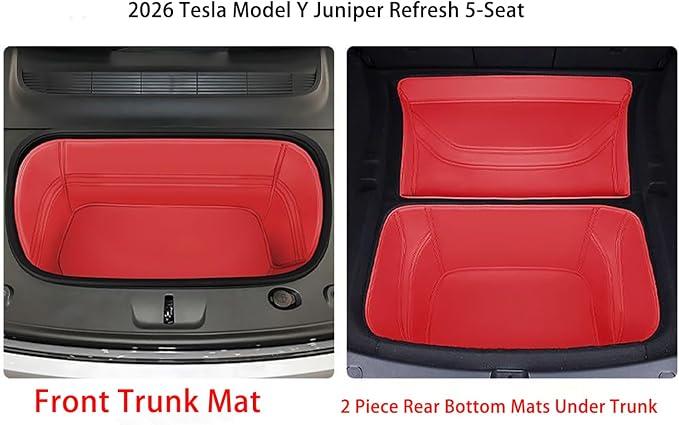 Compatible with Tesla Model Y Juniper Refresh(Not fit Standard) 2026 Full Cover Frunk Mat & Rear Lower Trunk Storage & Inner Storage Mat Red Genuine Leather - Image 2