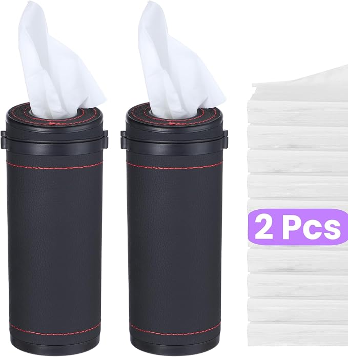 2 Pcs Leather Round Tissues Container with Tissues Cylinder Tissue Box with Window Breaker for Vehicle Bathroom Office (Black) by Tobeelec