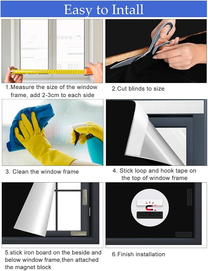 100% Blackout Blinds Magnetic Window Cover 57x40Inch,No Drill PortableCuttable Black Out Curtains for Nursery Bedroom,RV,Media Room with Hook & Loop Tape+Magnetic Closure - Image 9
