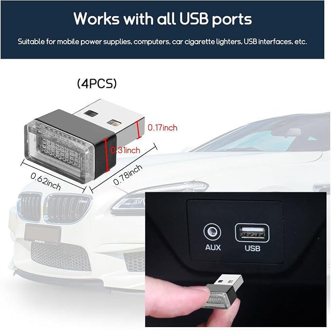 Dickno 4 PCS USB LED Car Interior Atmosphere Lamp, Portable Mini LED Night Light, Plug-in USB Interface Trunk Ambient Lighting Kit, Universal Vehicle Interior Accessories (Red) - Image 2