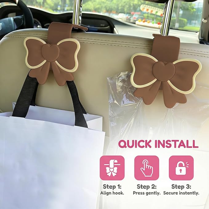 2PCS Car Seat Headrest Hook, Cute Bow Vehicle Backseat Storage Hanger Purse Handbag Organizer, Automotive Interior Seat Back Hook Holder for Umbrella Hat Bag, Universal for Vehicles (Brown) - Image 4