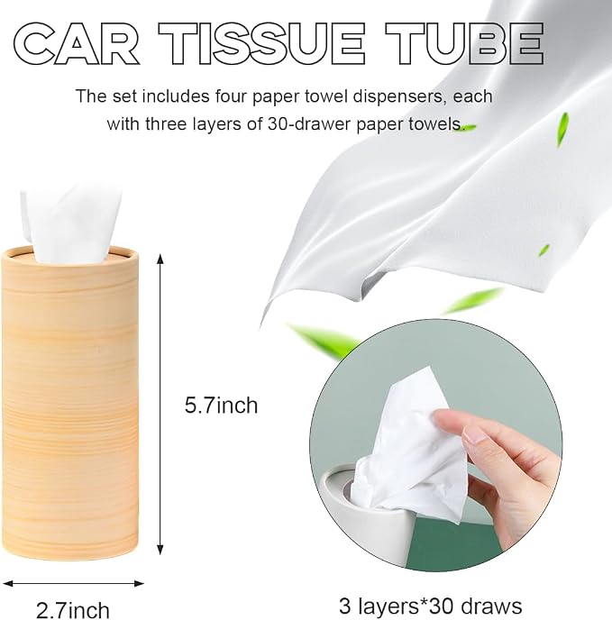 4 PCS Car Tissue Holder, Travel Tissues Packs Round Paper Napkins Container with Papers Inside, Paper Towel Cylinder Fits Automotive Cup Holder, Interior Car Accessories (Wood) - Image 2