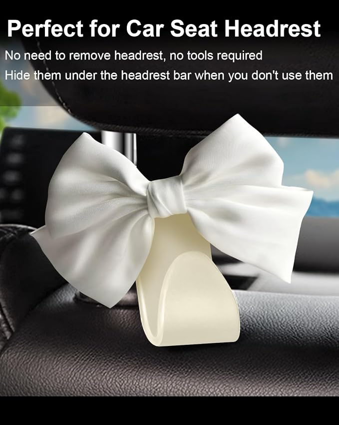 2 Pack Car Purse Hooks, Headrest Hooks for Cars, White silk | Car Bag Hanger for Groceries, Coats, Umbrellas and Daily Essentials, Bow-Shaped Car Interior Organizer for Handbags and Bags - Image 3