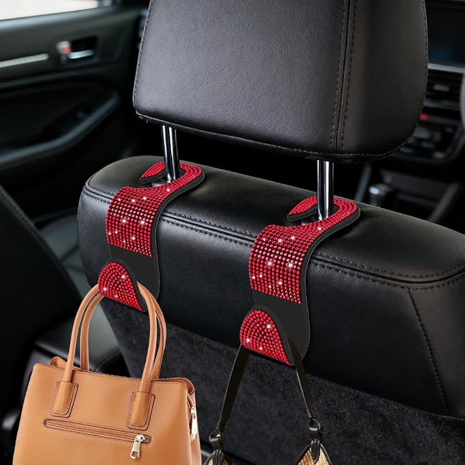4PCS Bling Car Seat Headrest Hooks, Purse Holder for Car, Vehicle Back Seat Purse Handbag Hanging Holder with Crystal Rhinestone, Diamond Car Rear Seat Organizer for Vehicles (Red) - Image 3