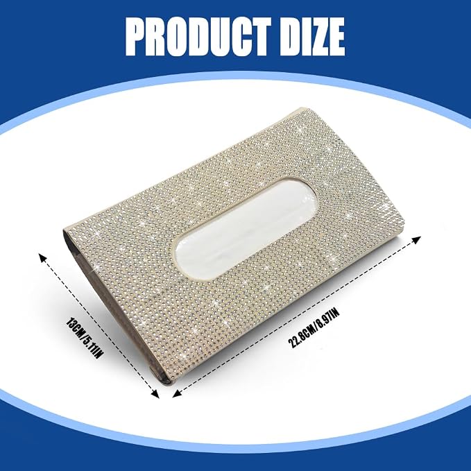 Bling Car Sun Visor Tissue Box Holder, Visor Accessories, Rhinestone PU Leather Crystal Sparkling Napkin Holder, Auto Sun Visor Paper Towel Cover Case Accessories for Most Cars (Beige+White) - Image 2