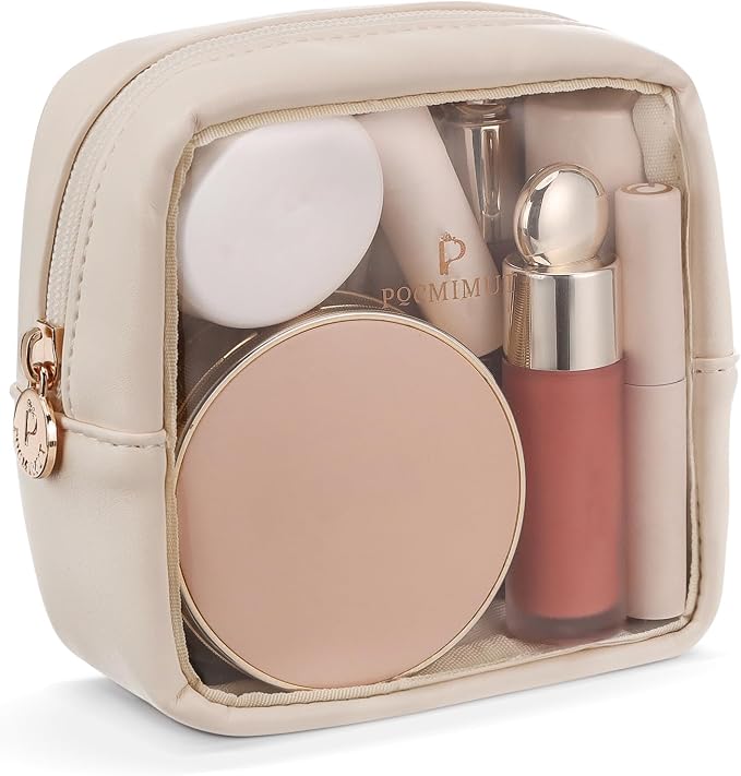 Clear Makeup Bag,Easy to Find Mini Makeup Bag for Purse,Travel Makeup Bag for Car, Compact Cosmetic Pouch for Daily Essentials,Beige by Pocmimut