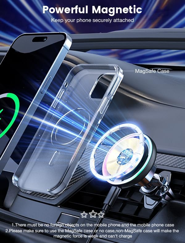 for Magsafe Car Mount Charger 15W LED RGB Car Phone Holder for Dash Vent | HandsFree Magnetic Wireless Car Charger Car Mount Fast Car Charger for iPhone 17 16 15/14/13/12 Series - Image 6