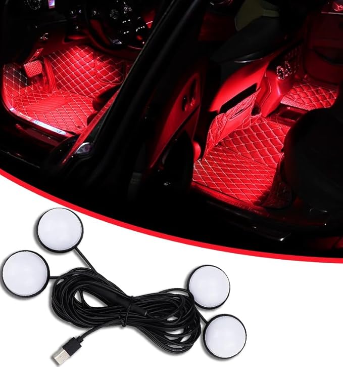 4 in 1 Car Interior LED Ambient Light Kit, Red | 5 Volt USB power, adhesive install, front and rear cables, fits most cars, SUVs, and trucks, car interior accessories by Unknown