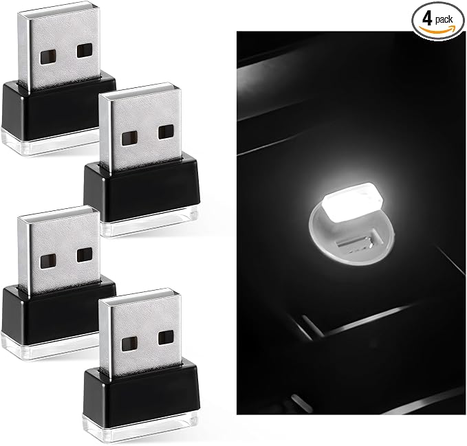 Sun Walker 4 PCS USB LED Car Interior Atmosphere Lamp, Plug-in USB Interface Trunk Ambient Light LED Decoration, Mini Portable Interior Night Lighting Kit for Most Vehicles (White) by Unknown