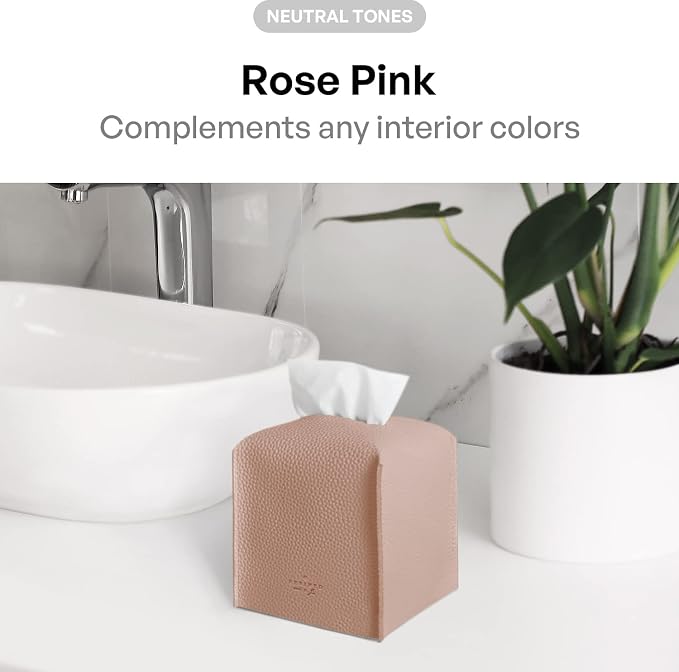 Carrotez Tissue Box Cover, [Refined] Modern PU Leather Square Tissue Box Holder - Decorative Holder/Organizer for Bathroom Vanity Countertop, Night Stands, Office Desk & Car 5"X5"X5" - Rose Pink - Image 3