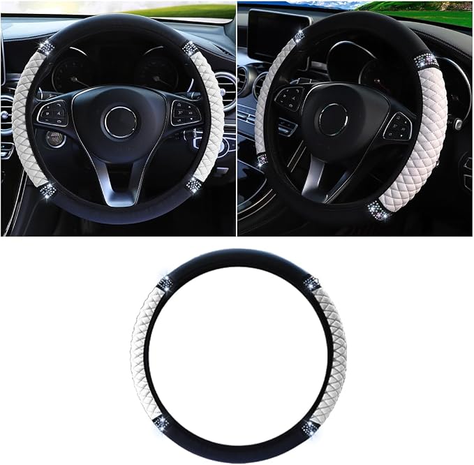JOYCOURT 15 Inch Bling Soft Leather Car Steering Wheel Cover, White | Colorful Rhinestones Design, Auto Elastic Protector for Women Girls, Crystal Diamond Car Accessories for Most Cars, SUVs by JOYCOURT