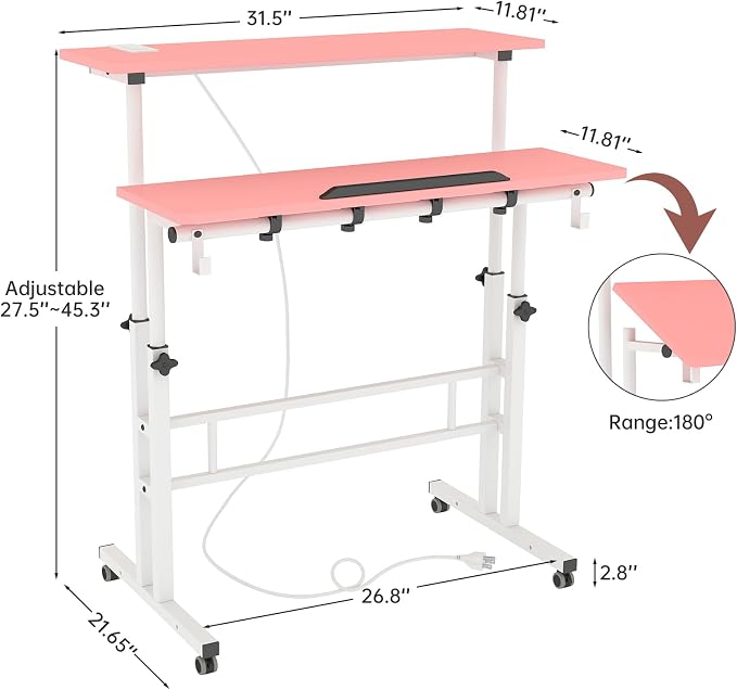 SIDUCAL Mobile Stand Up Desk with USB Ports and Outlets, Adjustable Laptop Desk on Wheels, Home Office Workstation, Rolling Laptop Cart for Standing or Sitting, 31.5" x 23.6"Pink - Image 2