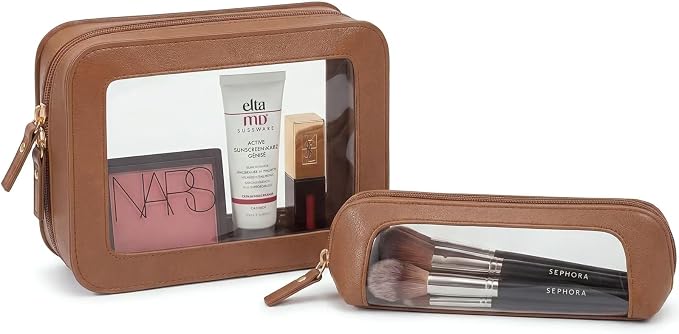 Clear Makeup Bag Set of 2 - Travel Toiletry Organizer for Women, Waterproof Cosmetic Pouch & Car Accessory for Travel Size Pencil Case Pouch Car Organizer and Storage (2Pack-Standard&Slim, Brown) by LETGO