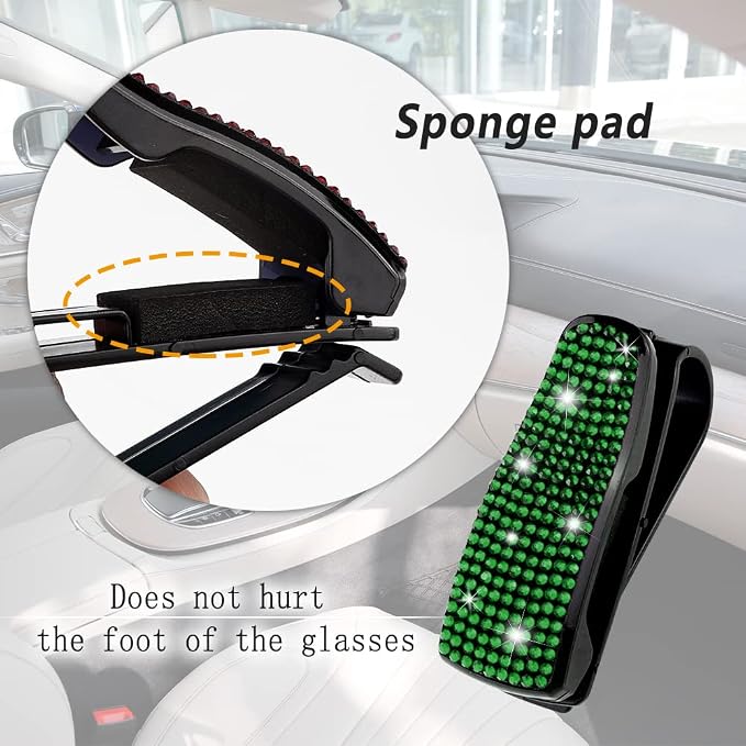 Turcee Set of 2 Bling Rhinestone Car Sun Visor Glasses Holders with Anti-Scratch Sponge,Car Decoration for Women Girls,Ticket Card Clip Visor Organizer (Green) - Image 6