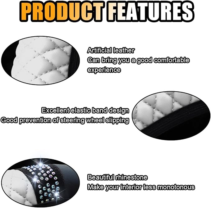 JOYCOURT 15 Inch Bling Soft Leather Car Steering Wheel Cover, White | Colorful Rhinestones Design, Auto Elastic Protector for Women Girls, Crystal Diamond Car Accessories for Most Cars, SUVs - Image 4