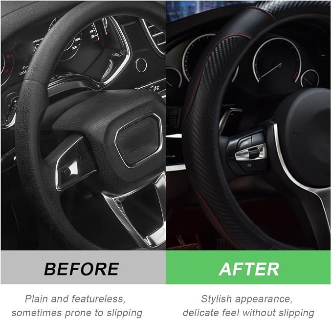DXNQ Car Steering Wheel Cover, 15 Inch Carbon Fiber Leather Stitching Color Steering Wheel Protector, Anti-Slip Elastic Breathable Steering Wheel Cover Stylish Decor for Most Cars (Black) - Image 4