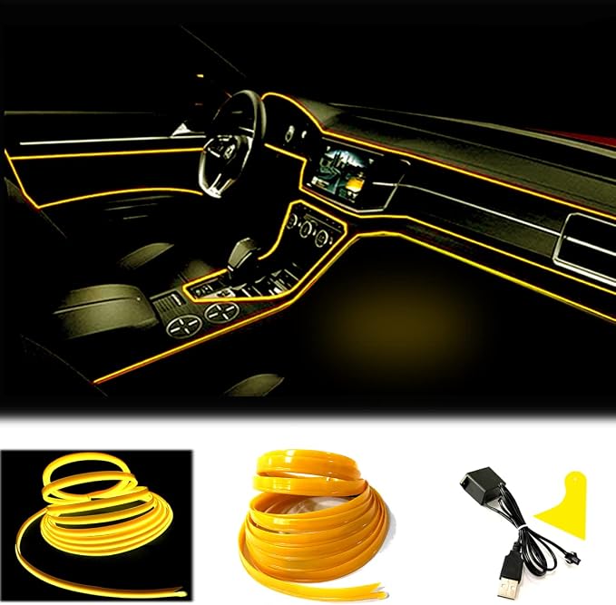 El Wire Yellow Interior Car LED Strip Lights, 10M Neon Wire USB 5V with Fuse Protection for Automotive Interior Decoration, with 6mm Sewing Edge by Maxlaxer