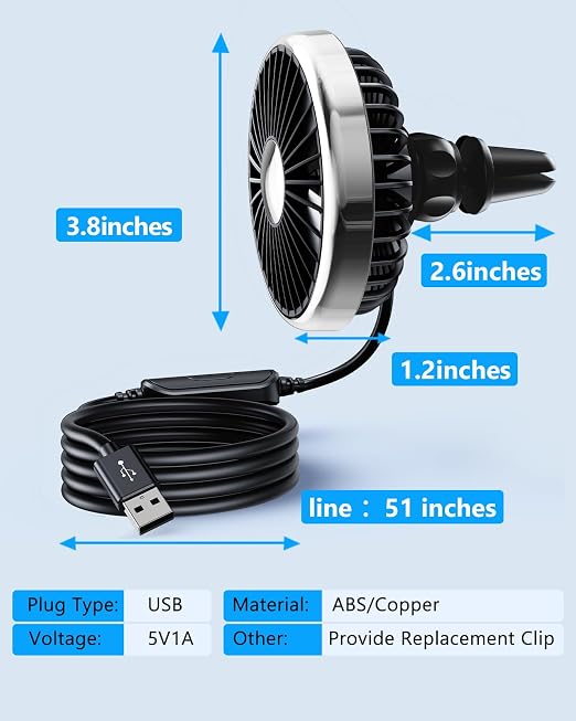 USB Car Ven Fan with Color Light, 360°Rotatable Mini Portable Clip on Fans that Blow Cold Air, Car Ac Air Vent Booster Fan Small Cooler Cooling Fan for Vehicle, Van, Truck, SUV, Rv, Utv Cab - Image 9