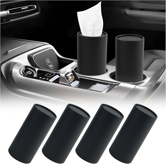 4PCS Car Tissue Holder,Pull-Out Cylinder with 30-Count Tissue | Minimalist Design Fits Cup Holders,Refillable Container,Multipurpose as Trash Can/Coin Holder,Portable for Car/Travel/Office by VKQTS
