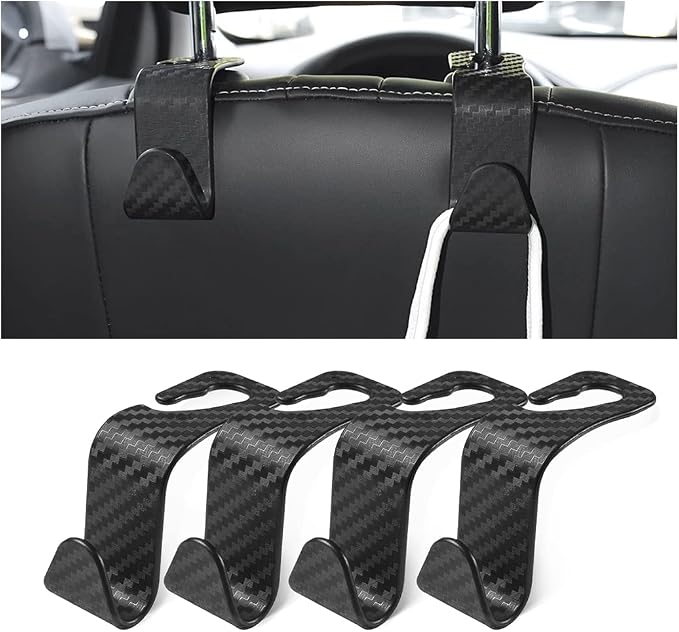 4 Pack Headrest Hooks for Vehicle Seats, Carbon Fiber/Black | rear-row hanging storage, supports bags coats and groceries, fits matching headrest posts, interior accessory - Image 7