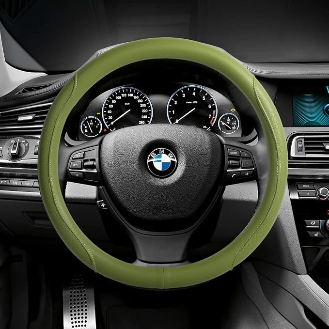 Steering Wheel Cover - Microfiber Leather with Classic Embossing, Anti-Slip Breathable Fit 15 Inch Wheel Protector (Green) - Image 3