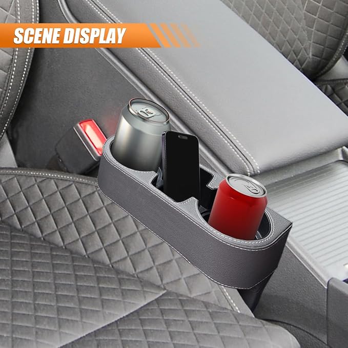 Car Cup Holder, PU Leather Auto Seat Gap Filler Organizer (Gray) | Multifunctional Vehicle Cup Drink Holder, Front Console Storage Box for Coin Cellphone Sunglasses, Universal Car Accessories - Image 6