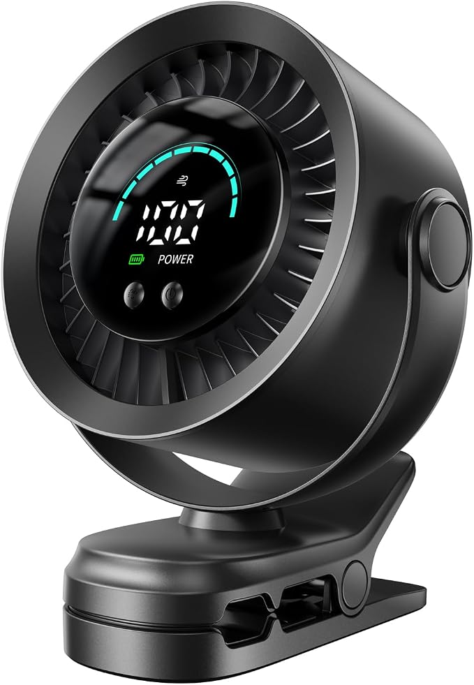KIMMOO Portable Clip on Fan, 100-Speed Rechargeable USB Fan with LED Display, 360° Rotation & Strong Airflow Desk Fan, Up to 17 Hours Small Battery Fan for Outdoor Travel Camping Treadmill Car (Black) by KIMMOO