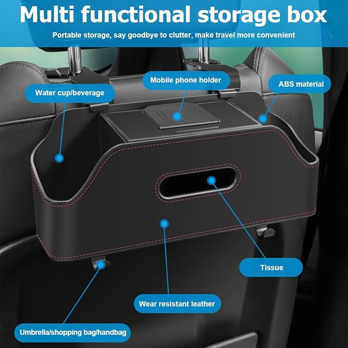 Zipelo Car Headrest Backseat Organizer with Cup Holder, Multi-Functional Vehicle Seat Back Hanging Storage Box with Hooks, Auto Drink Snack Phone Tray Travel Accessories for Kids Adults (Black) - Image 3