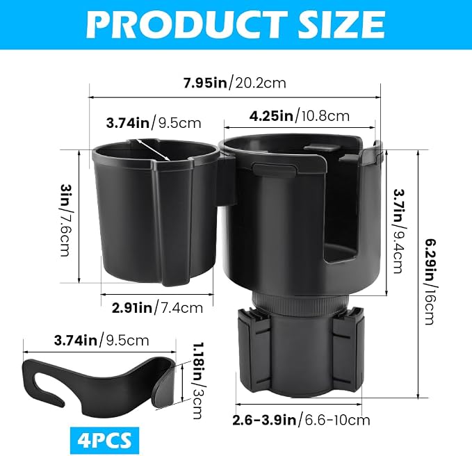 1 Pack Car Cup Holder Expander 2 in 1 Adapter with Expandable Base, Car-Seat Headrest Hook 4 Pack Hanger Storage Organizer fit Universal Vehicle Car Mugs in 2.2"-4.2" (10-48oz) - Image 2