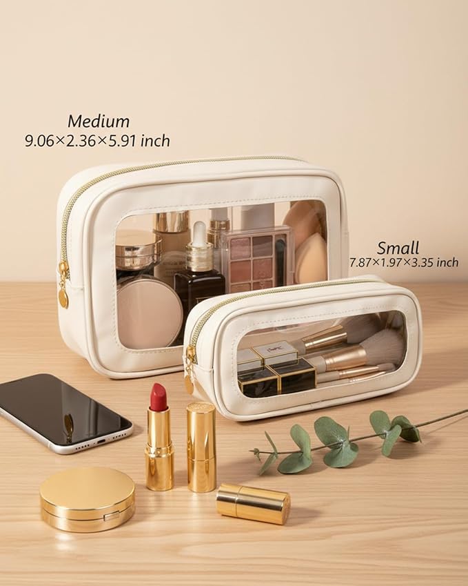 2Pcs Clear Makeup Bags Set, Clear Travel Makeup Brush Holder Leather Makeup Case Toiletry Bag with Zipper Portable Cosmetic Pouch Waterproof Makeup Brush Storage Bag Car Bag for Essentials - Image 5